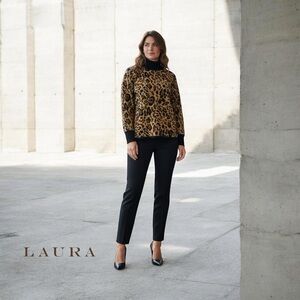 Laura, Leopard Mock Neck Sweater, Elegant Knit Top, XL, Black, Brown